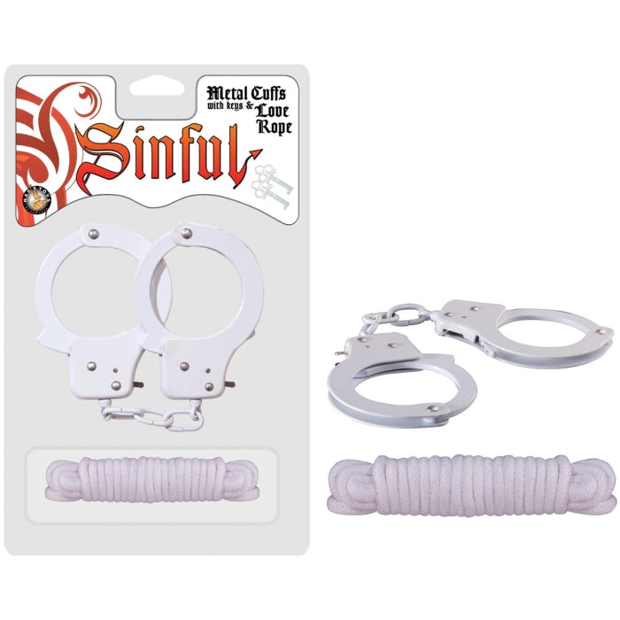 SINFUL METAL CUFFS WITH KEYS & LOVE ROPE - WHITE