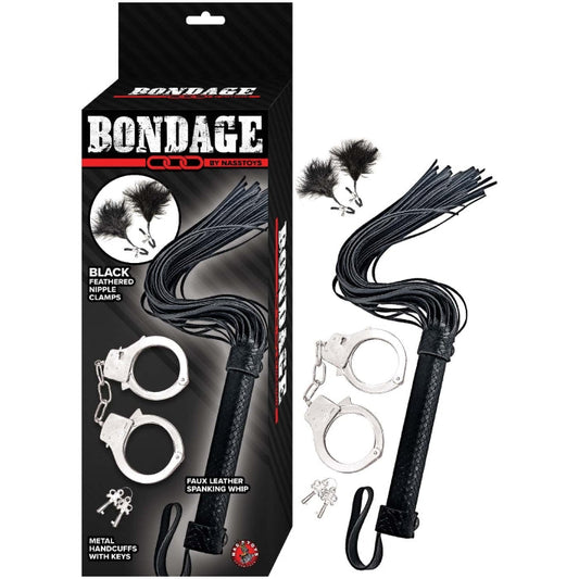 BONDAGE BY NASSTOYS WHIP, FEATHER & CUFFS-BLACK
