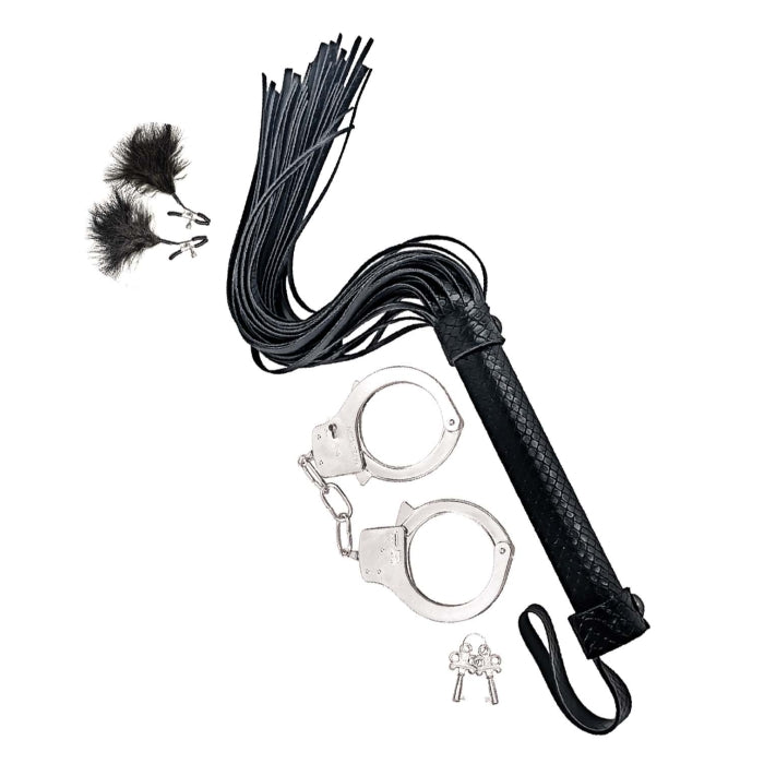 BONDAGE BY NASSTOYS WHIP, FEATHER & CUFFS-BLACK