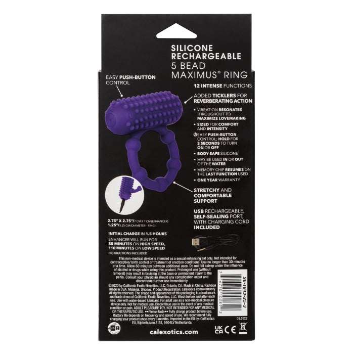 SILICONE RECHARGEABLE 5 BEAD MAXIMUS RING - PURPLE