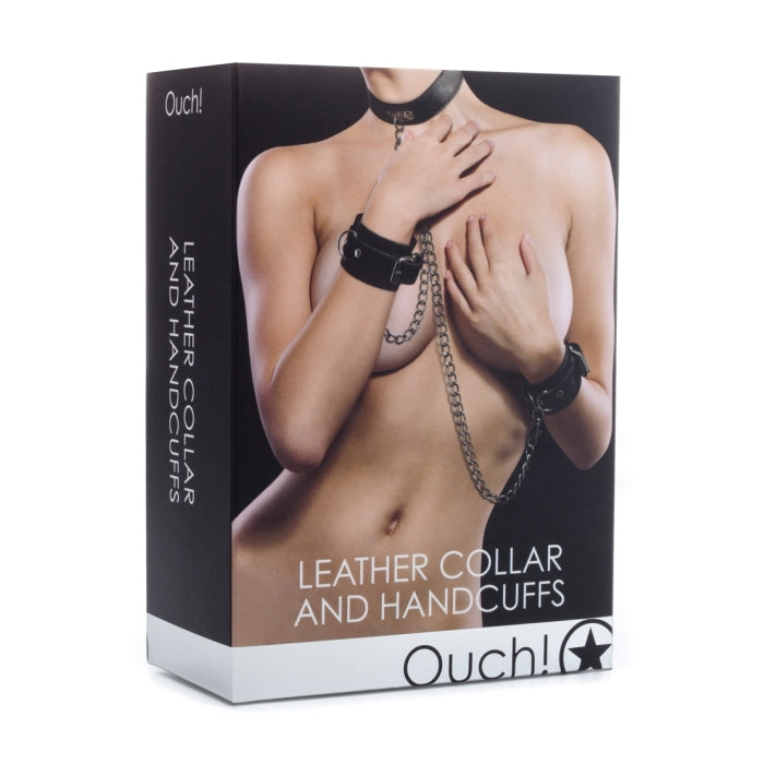 LEATHER COLLAR AND HANDCUFFS - BLACK